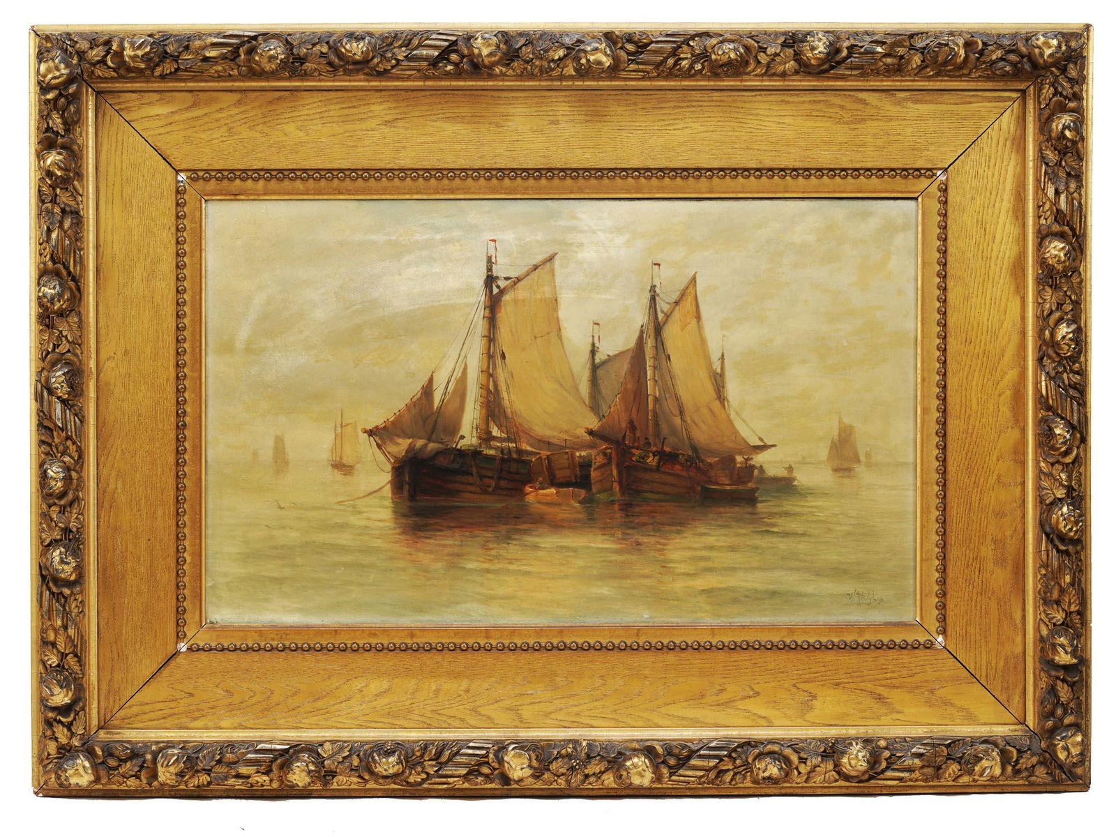 MARINE OIL PAINTING BY WILLIAM FREDERICK MITCHELL: William Frederick Mitchell, British, 1845 to 1914, oil painting on canvas depicting a sea scape with ships, 1896. Signed and dated lower right. Framed. William Frederick Mitchell was a British artist