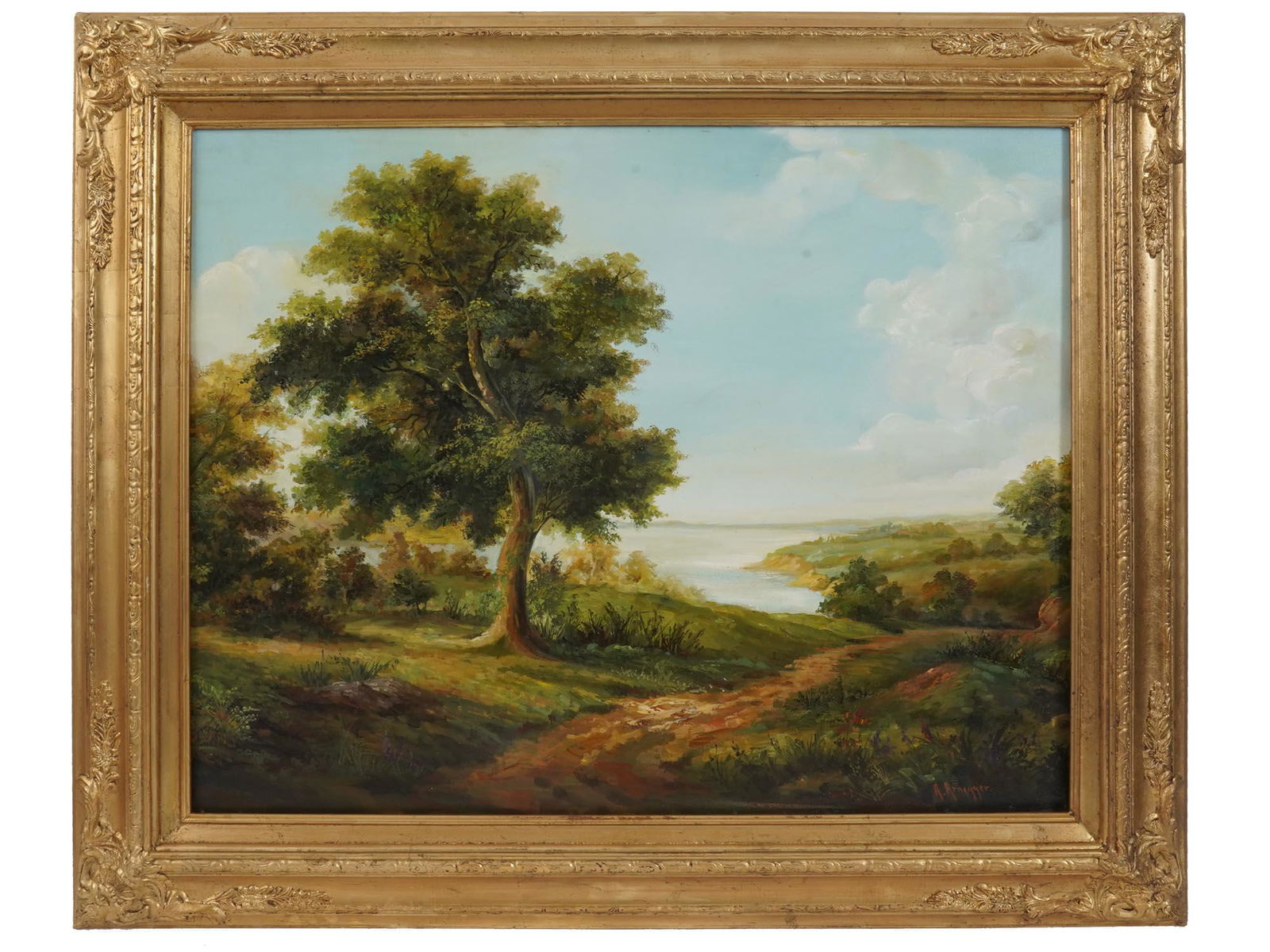 AUSTRIAN LANDSCAPE OIL PAINTING BY ALOIS ARNEGGER: Alois Arnegger, Austrian, 1879 to 1963, oil painting on canvas depicting a European river landscape. Signed lower right. Circa: 20th century. Framed. Alois Arnegger is an Austrian painter, known for L