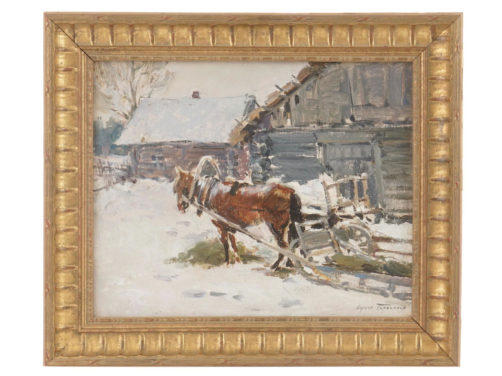 SERGEI GERASIMOV RUSSIAN SOVIET OIL PAINTING: Sergei Gerasimov, Russian, Soviet, 1885 to 1964, oil on paper painting A Russian Winter. The painting depicts several snow covered houses and a horse drawn sleigh in the foreground. Signed in the Cyri
