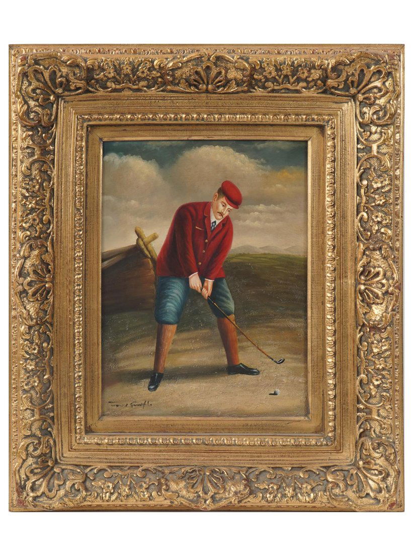 AN ANTIQUE SIGNED OIL PAINTING OF THE GOLFIST (1 of 4)