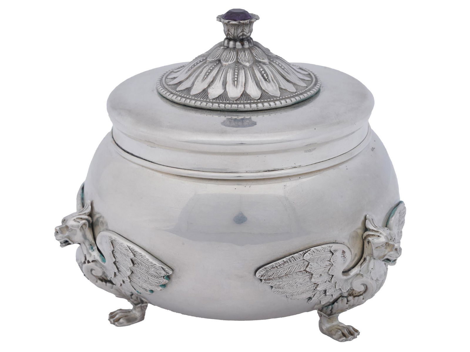 RUSSIAN SILVER AMETHYST GRIFFON SUGAR BOWL (1 of 5)