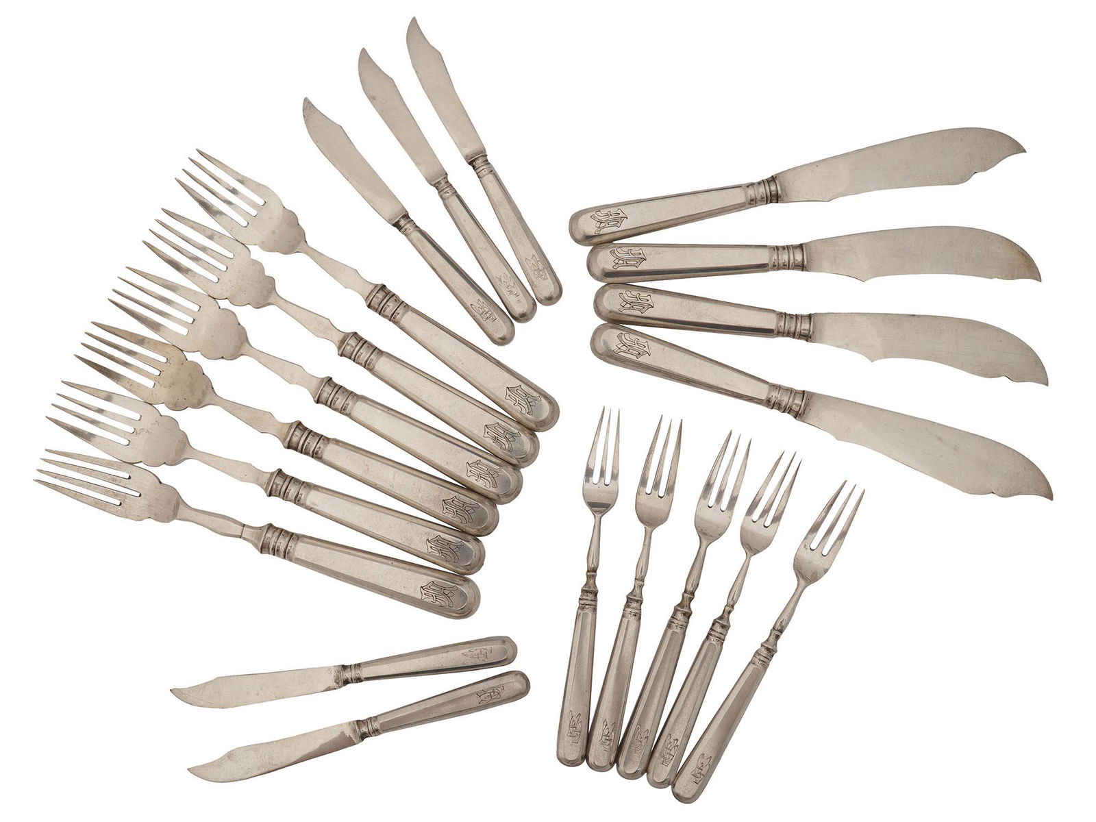 RUSSIAN STERLING SILVER FISH CUTLERY SET, 20 PCS (1 of 9)