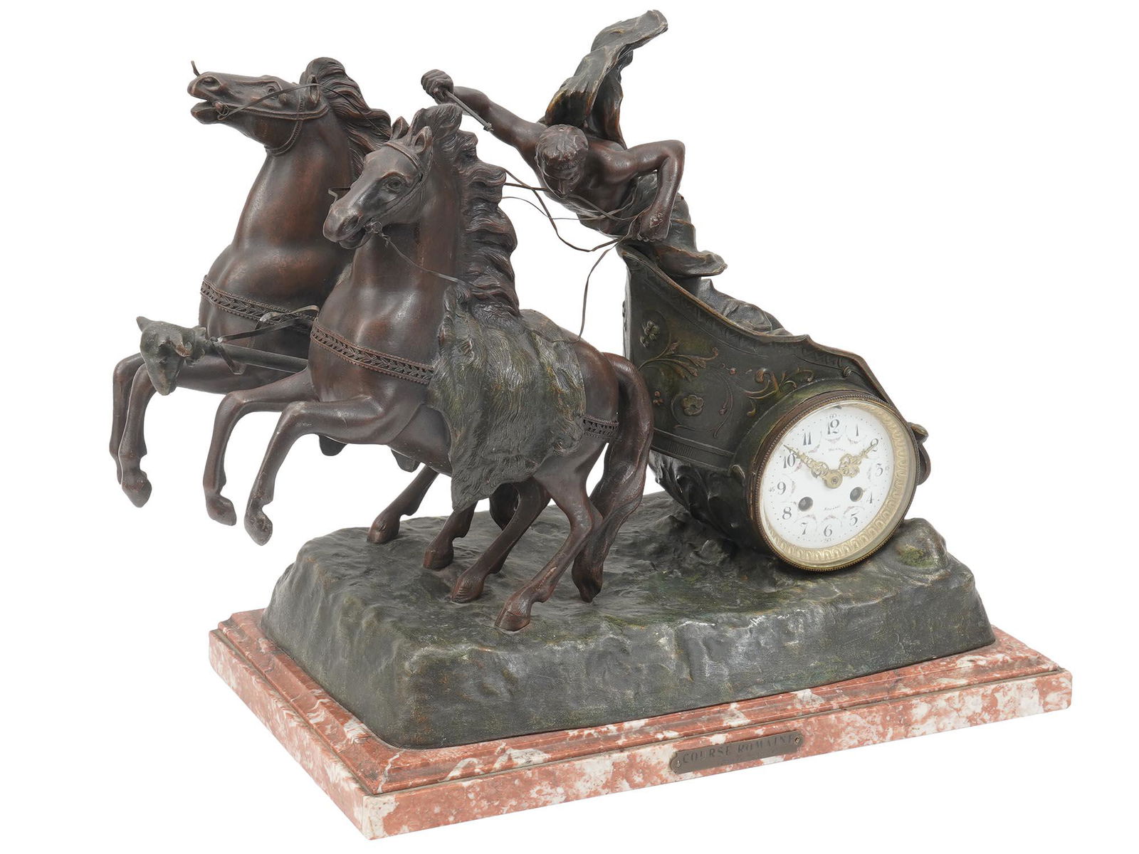 FRENCH FIGURAL ROMAN CHARIOT SPELTER MANTEL CLOCK (1 of 6)