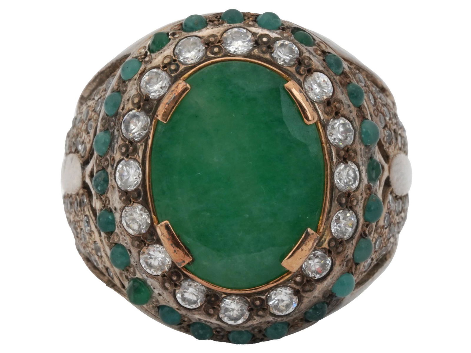 GOLD AND SILVER RING JADE DIAMONDS AND EMERALDS (1 of 3)