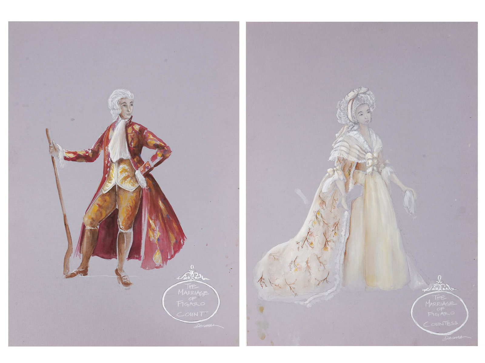 PAIR COSTUME DESIGN MIXED MEDIA PAINTINGS SIGNED (1 of 4)