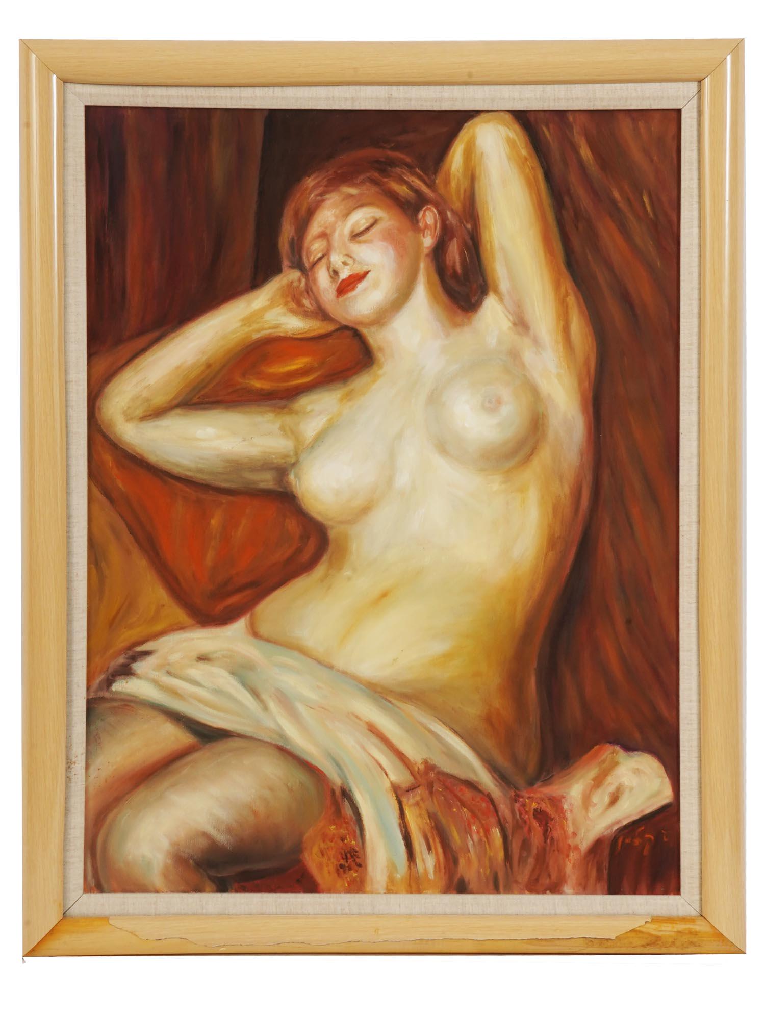 FRAMED IMPRESSIONIST OIL PAINTING FEMALE NUDE: Oil on canvas painting representing a seated nude woman. Warm red color palette, Impressionist art style. Illegibly signed by the artist in the lower right. Wooden frame. Collectible Erotic Fine Art F
