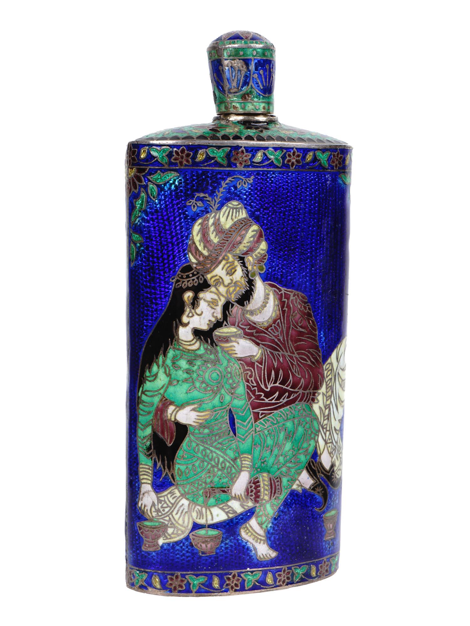 INDIAN SILVER AND ENAMEL FLASK W COURTING SCENE (1 of 8)