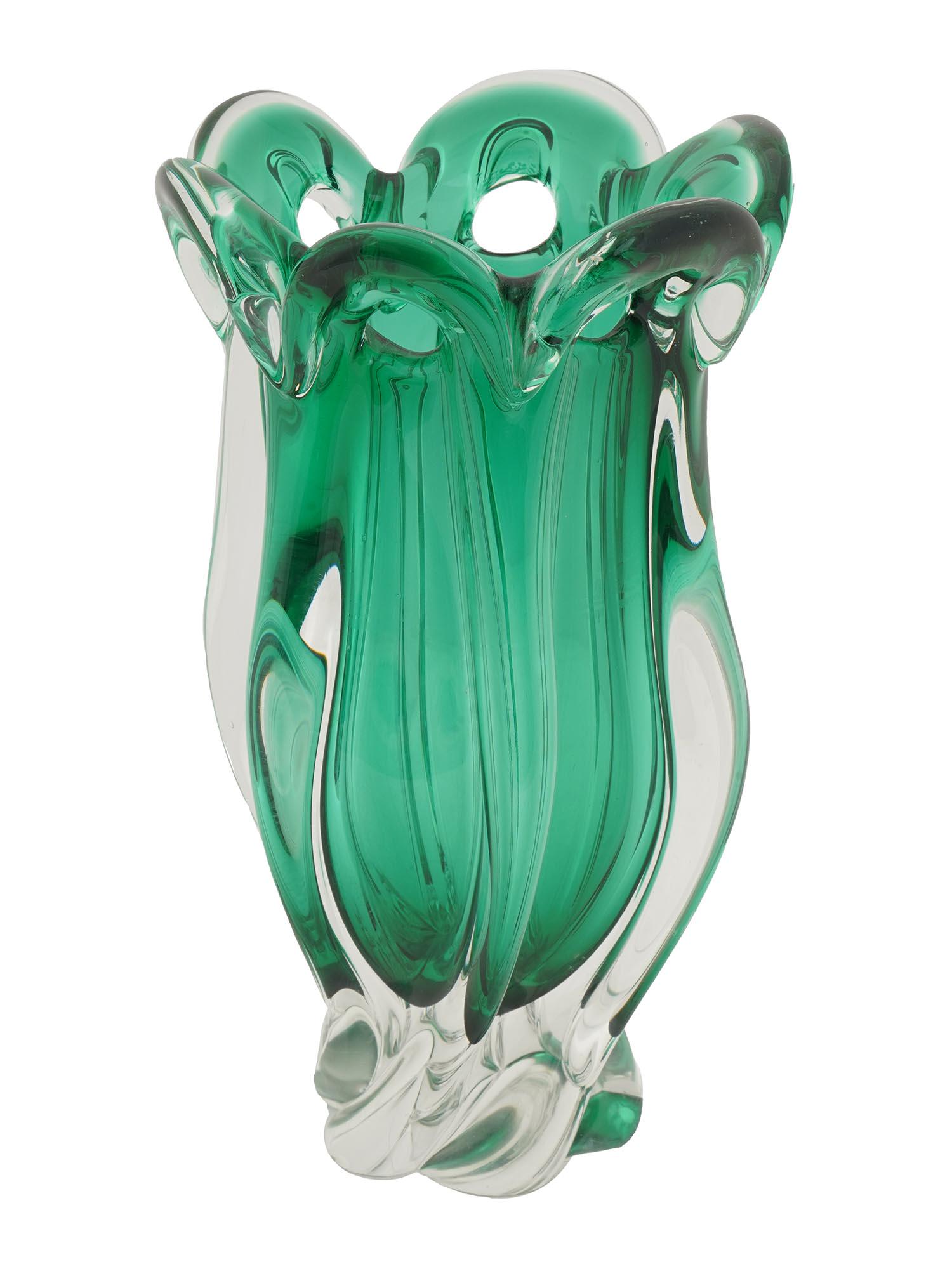 MID CENTURY MODERN GREEN BOHEMIAN ART GLASS VASE (1 of 4)