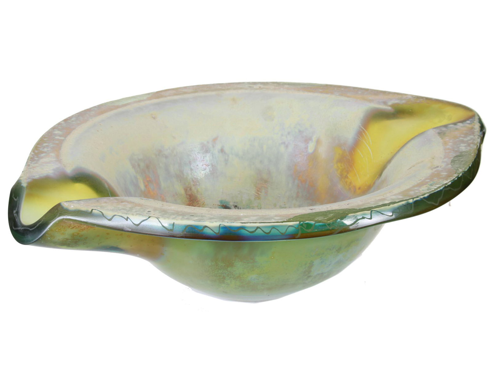 A LARGE VINTAGE HAND-BLOWN GLASS CENTERPIECE: An extra-large hand-blown centerpiece made of beautiful green iridescent glass. Unusual oblong shape with two depressions on the sides. Unmarked. Circa 1960. Dimensions: 23 1/2" x 19 1/2" in