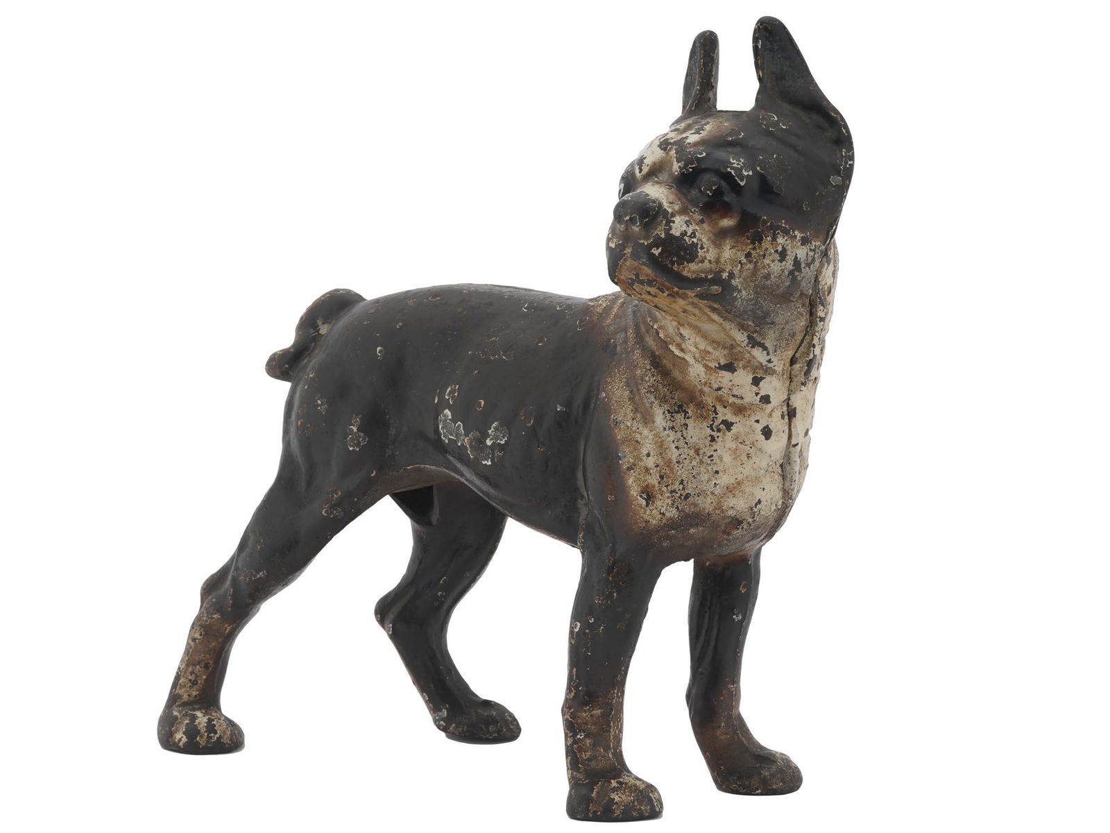 VINTAGE COLD PAINTED CAST IRON FIGURE OF BULL DOG: A vintage cold painted cast iron figure. The figure depicts a French bull dog. Unmarked. Circa: 1940s to 1980s. Vintage and Modern Figures, Figurines, Statues, Statuettes, Table and Desk Wares, Home D