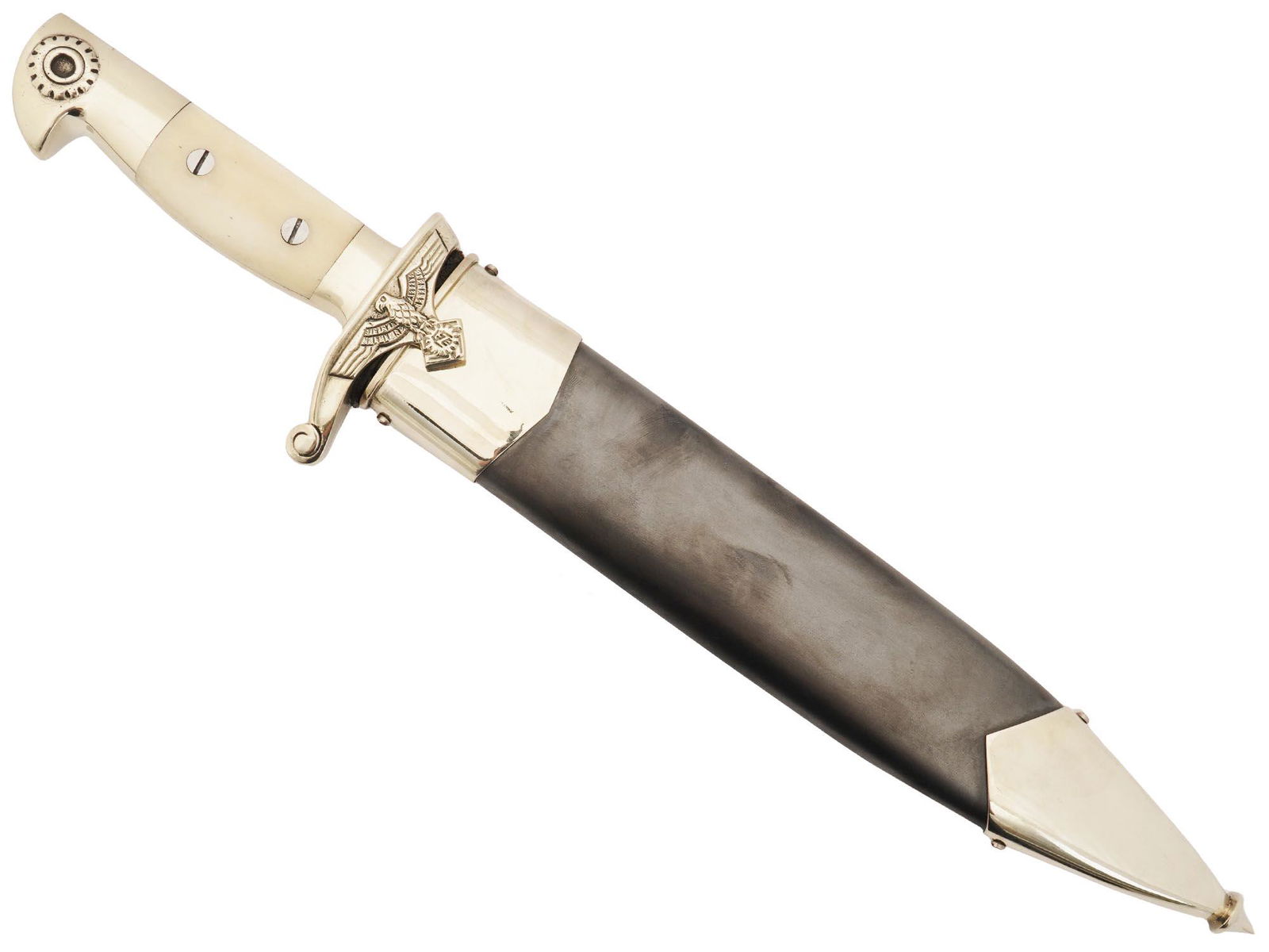 NAZI GERMAN WWII TENO ENLISTED MANS HEWER DAGGER: A Nazi German WW2 Teno Enlisted Mans Hewer dagger with a steel one fuller blade marked with the Teno eagle and swastika and Carl Eickhorn trademark. The silver nickel cross guard features the Nazi eag