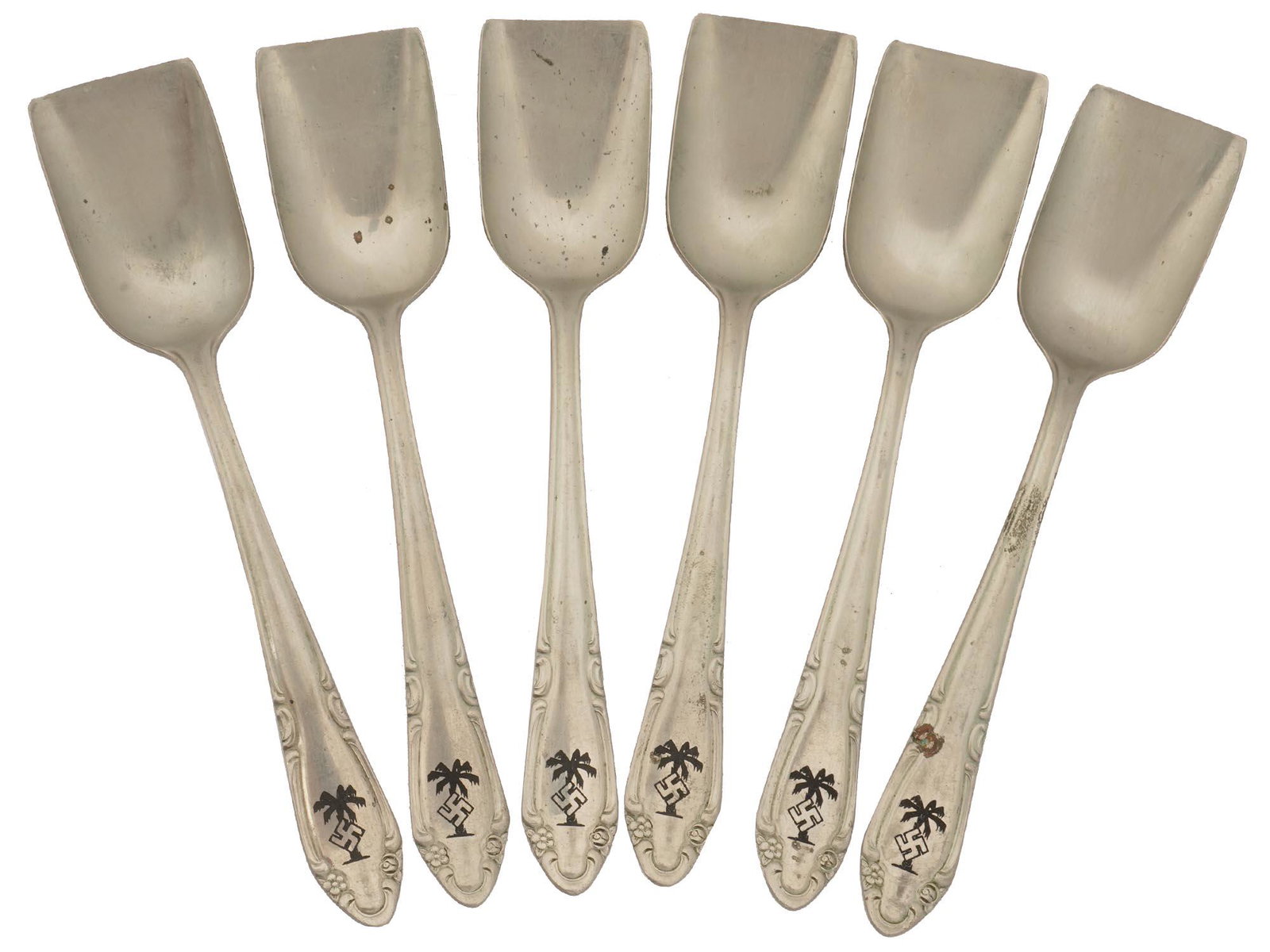 NAZI GERMAN AFRICA CORPS NICKEL SILVER SPOONS: A set of six Nazi German WWII nickel silver spoons, each featuring a German Africa Corps insignia to the handle and marked Alpaca Wolff to the back. From an officer canteen. Weight: 106 grams. WWII Er