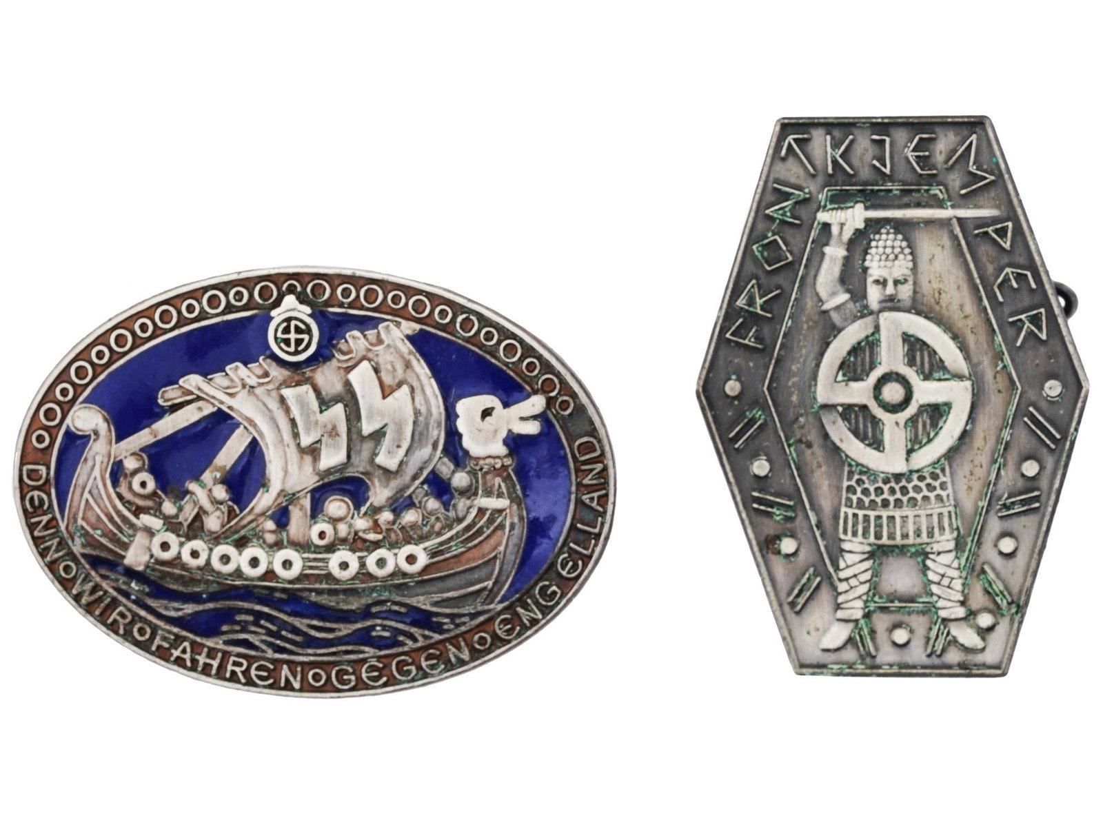 TWO NAZI GERMAN WWII WAFFEN SS BADGES: Two Nazi German WW2 Waffen SS badges including a badge depicting a viking ship with SS runes on its sail with the writing We go against England, in blue enamel with silver plate, with a maker mark to 