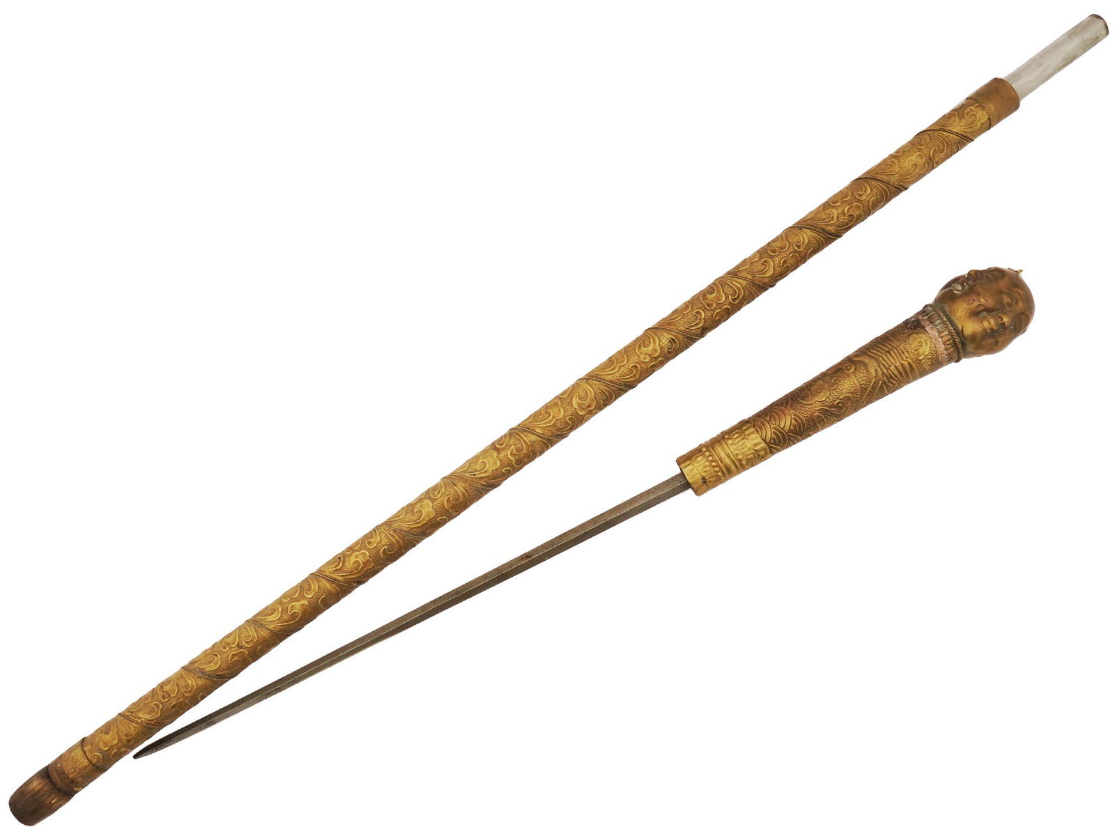 VINTAGE CHINESE FOUR FACE HEAD SWORD CANE (1 of 4)