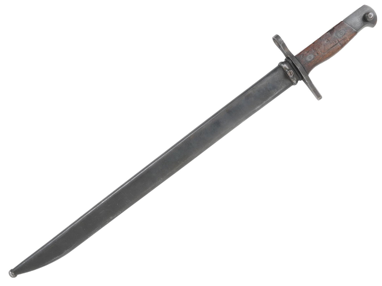 WWII IMPERIAL JAPANESE TYPE 30 ARISAKA BAYONET: WWII era Imperial Japanese Arisaka bayonet with scabbard, both intact wooden handle inserts. The blade is single edged and is in good condition, the first half of the blade has been sharpened. Button-