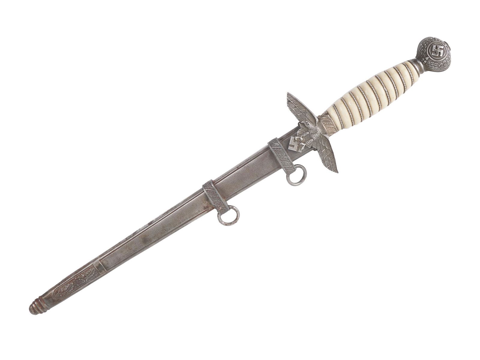 WWII GERMAN LUFTWAFFE OFFICER DAGGER WMW WAFFEN: World War Two 2nd Model Luftwaffe Officer dagger. Bright steel blade with etched maker mark, WMW Waffen. Silvered fittings, with eagle cross guard, oak leaf decorated ferrule, and wreathed swastika po