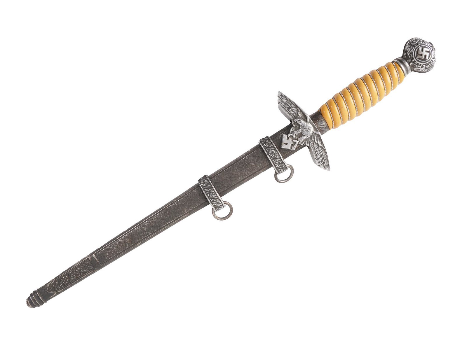 WWII GERMAN LUFTWAFFE OFFICER DAGGER: World War Two 2nd Model Luftwaffe Officer dagger. Unmarked blade. Silvered fittings, with eagle cross guard, oak leaf decorated ferrule, and wreathed swastika pommel with wire wrapped orange celluloid