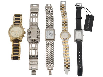 WRIST WATCHES BY BULOVA MICHAEL KORS KENNETH COLE: A lot of five vintage wristwatches. Kenneth Cole New York wristwatch with a rectangular steel bezel, white dial with Roman numerals, black leather bracelet, in original box. Michael Kors gilt steel wr