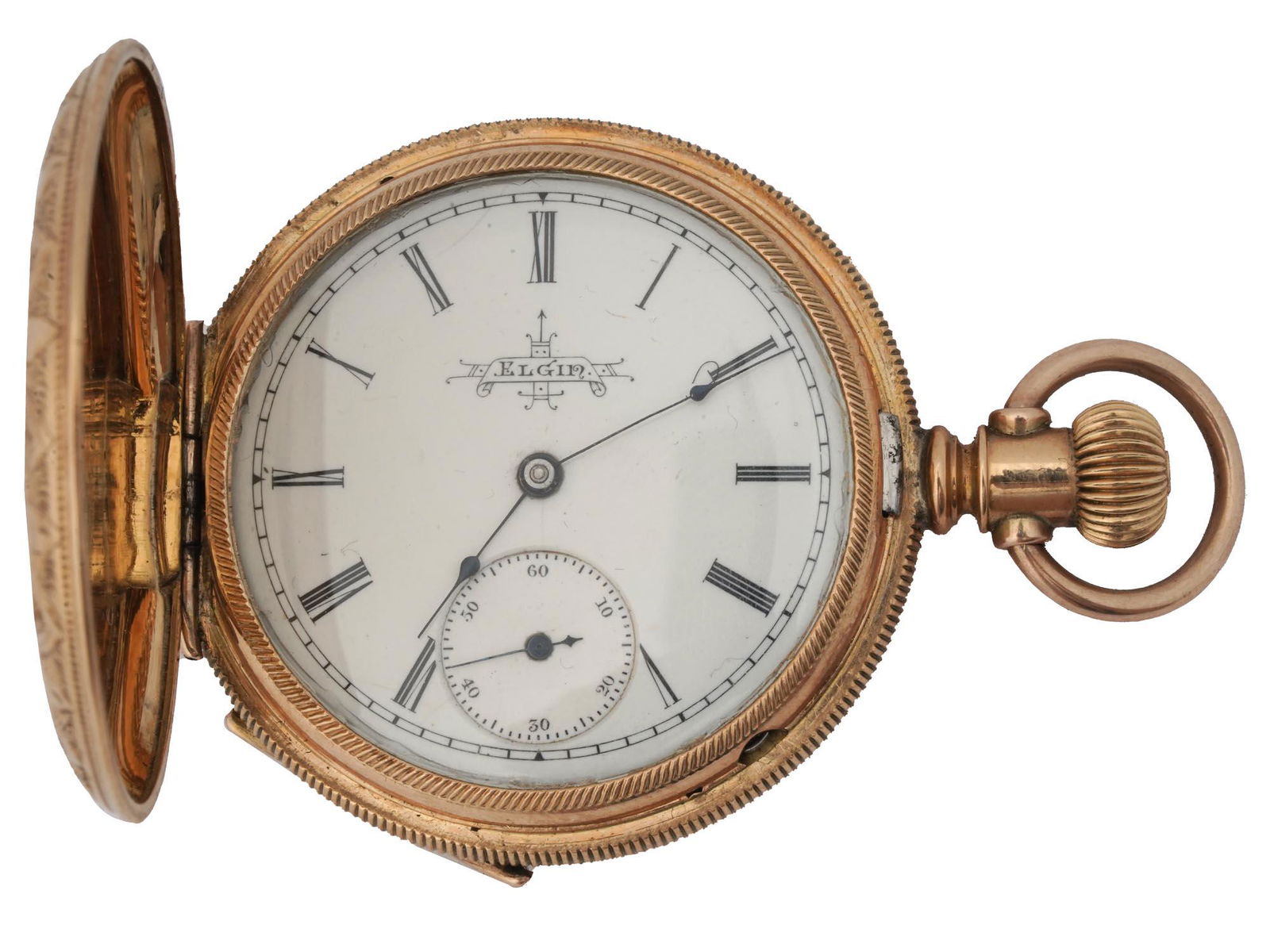 14K GOLD AMERICAN ELGIN CO ENGRAVED POCKET WATCH: An antique 14k Gold American Elgin National Watch Co covered pocket watch. A white enameled dial with black Roman numerals and hands. The watch has a double hunter case. The Gold case is adorned with