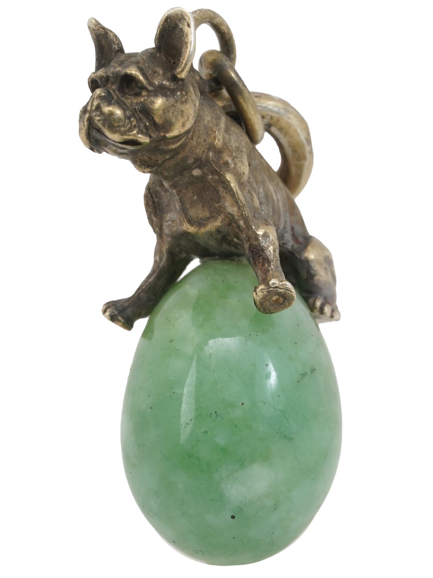 RUSSIAN GILT SILVER JADE DOG FIGURINE EGG PENDANT (1 of 4)