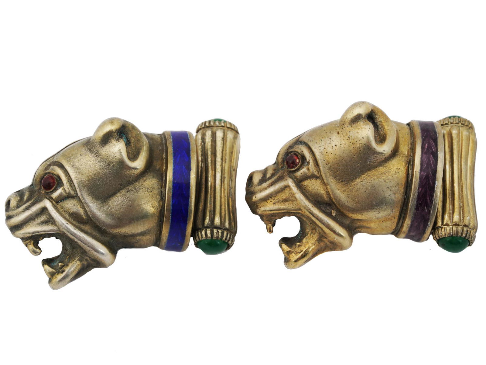 RUSSIAN GILT SILVER GEMSTONES BULLDOG CUFFLINKS (1 of 4)