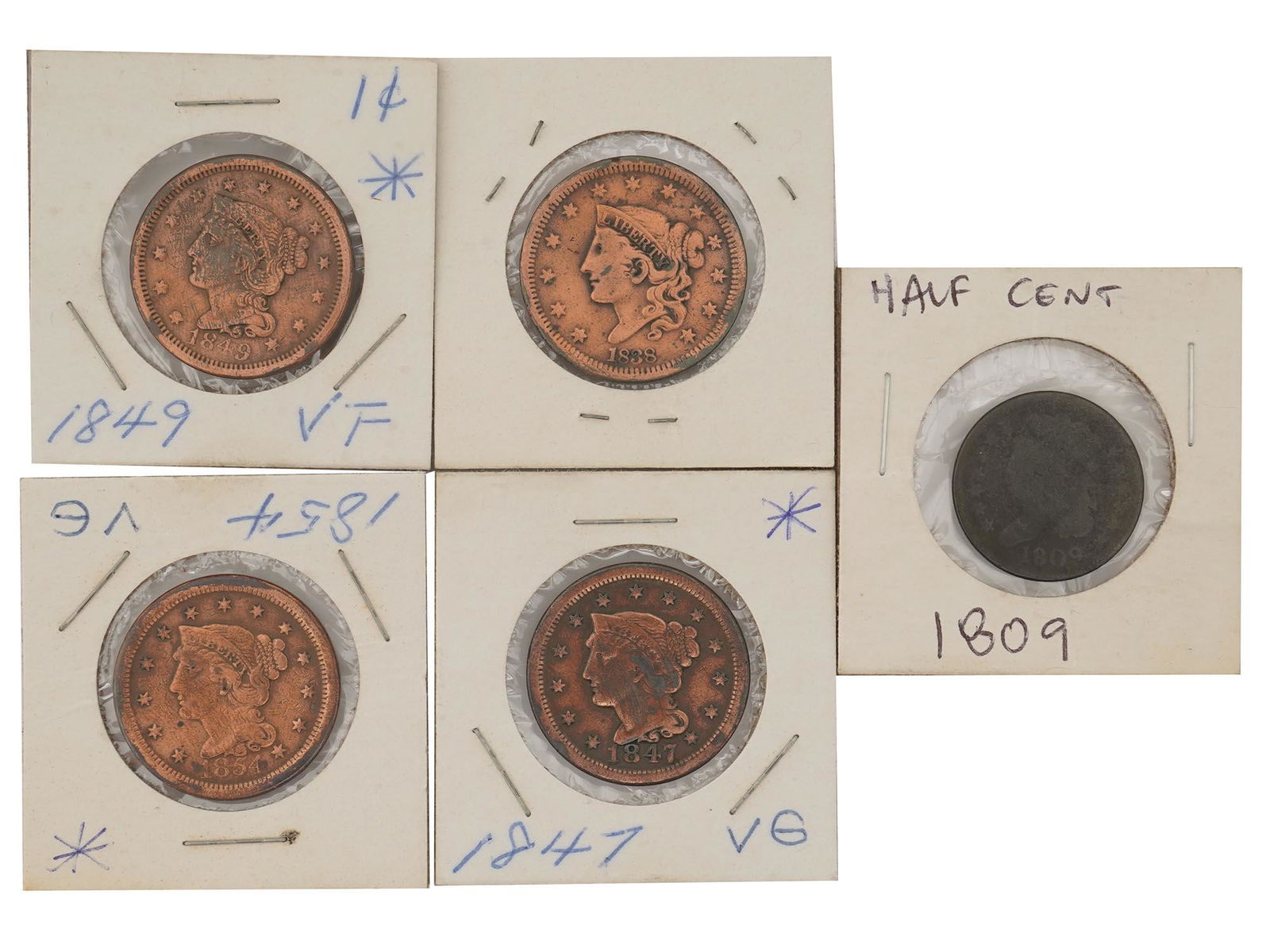 GROUP OF FIVE AMERICAN ONE CENT HALF PENNY COINS: A collection of five antique American coins. The collection includes a group of The United States large cent coins, a large cent coin with a face value of 1 of 100 of a United States dollar; its produ