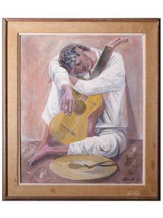 RUSSIAN AMERICAN OIL PAINTING BY ANTON REFREGIER: Anton L. Refregier, Russian, American, 1905 to 1979, oil painting on canvas, Seated Man With a Guitar, 1963. Signed and dated lower right. Framed. Provenance: Swann Auction Galleries, New York, Decemb