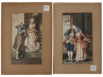 WATERCOLOR PAINTINGS GALANT SCENES BY PIO RICCI: A pair of watercolor on paper paintings by Pio Ricci. The artworks represent 18th-century galant courting scenes with love couples. Signed by the artist in the upper left and lower right. White mat. P