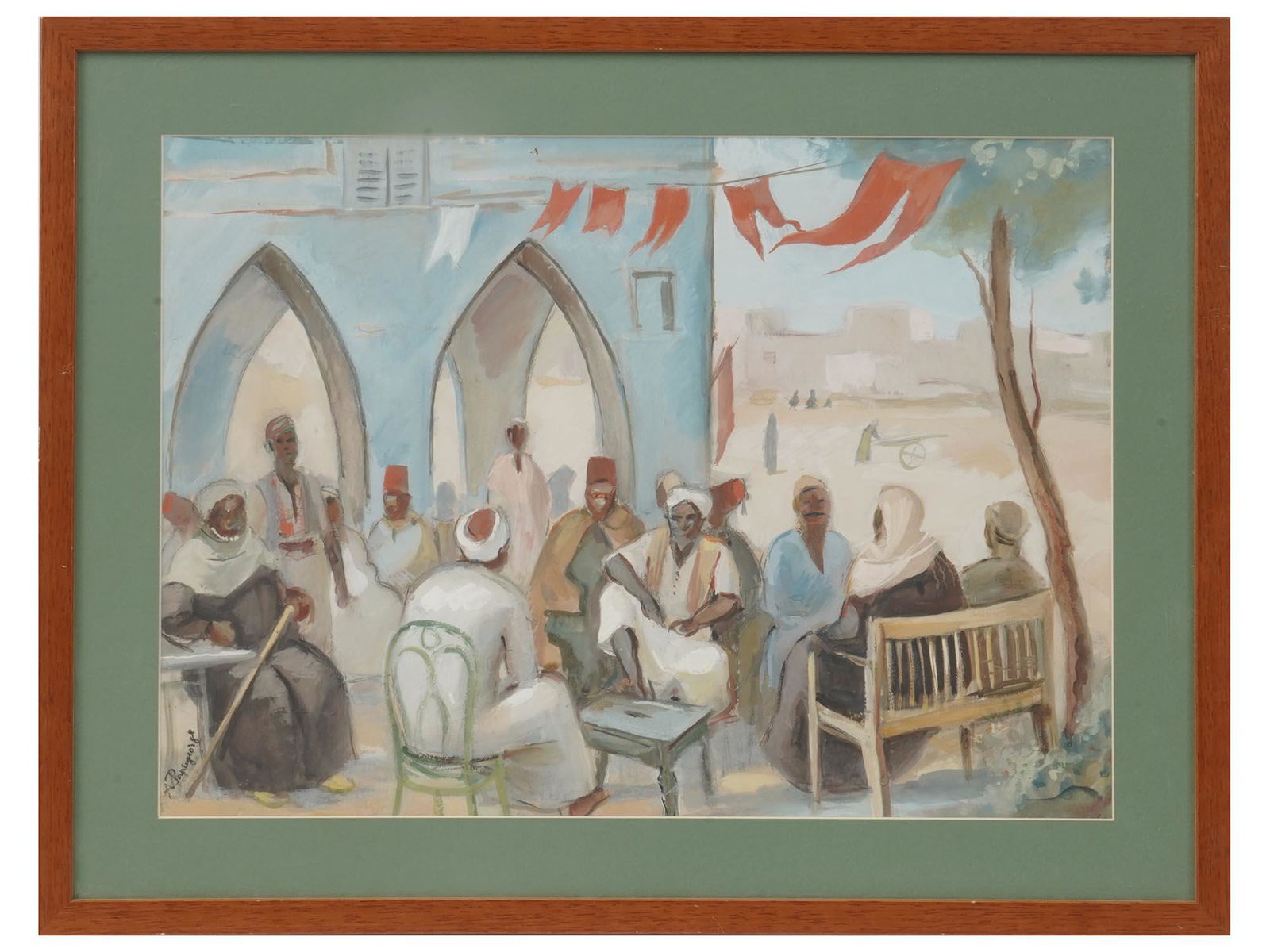 ORIENTAL GENRE PAINTING BY ARISTIDES PAPAGEORGIOU: Watercolor and pencil on paper painting by Aristides Papageorgiou, 1899 to 1983, a prominent Greek artist. The artwork represents a multi-figure scene men sitting on the terrace of a Middle Eastern ca