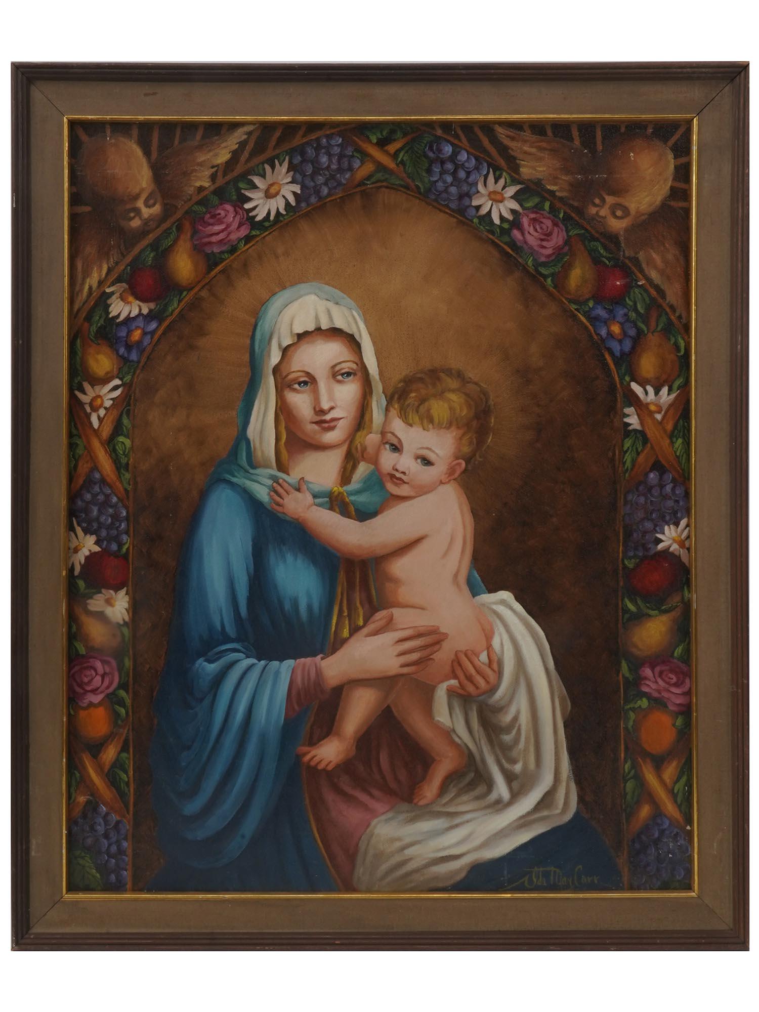 MADONNA AND CHILD OIL PAINTING BY IDA MAY CARR: Ida May Carr, a 20th century American, oil painting on canvas, Madonna and Child. Signed lower right. Framed. Ida Carr was an American artist, known for still life, portraits, genre scenes. One of a k