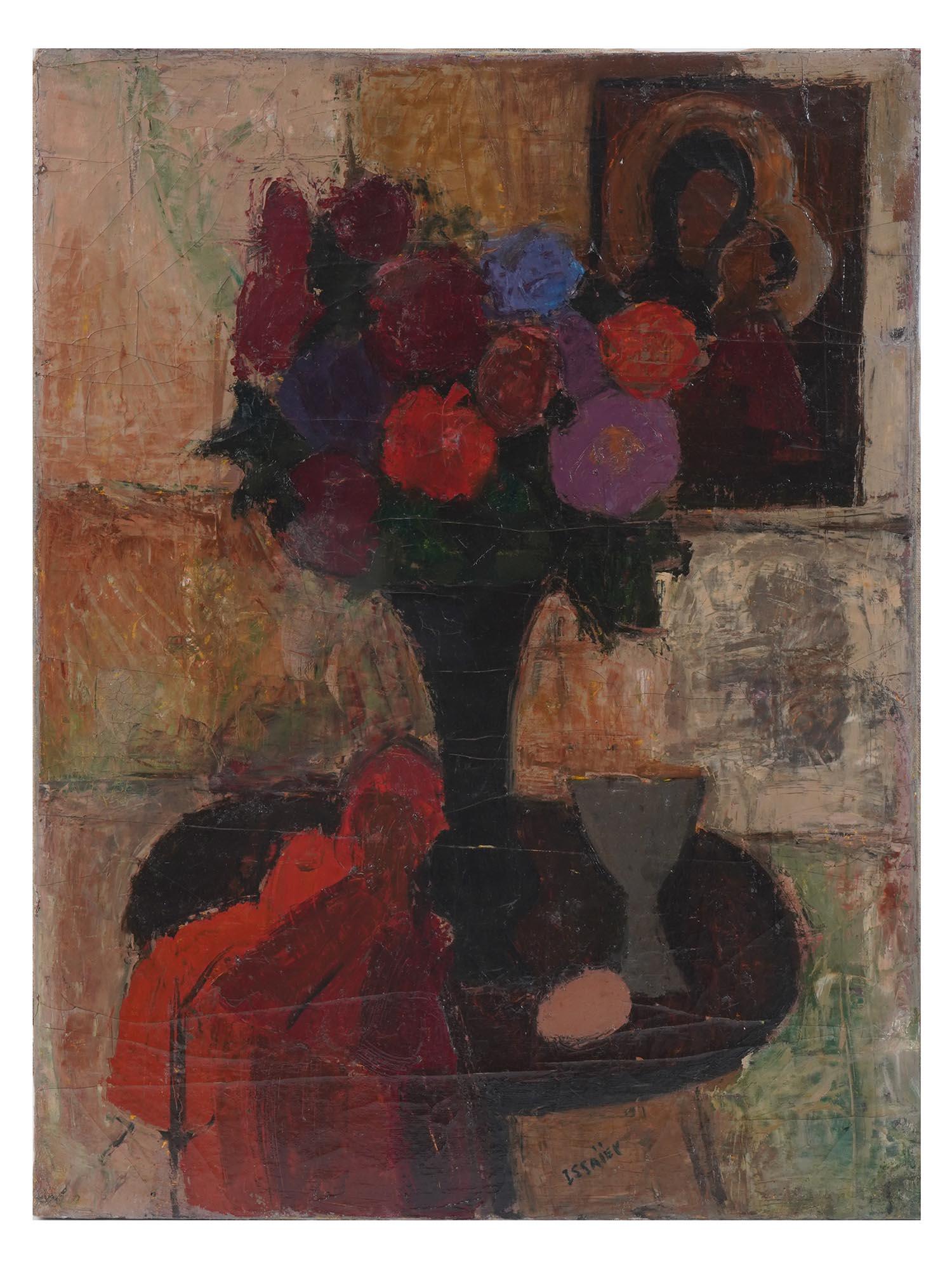 RUSSIAN STILL LIFE OIL PAINTING BY NICOLAI ISAIEV: Nicolai Isaiev, Ukrainian, Russian, French, 1891 to 1977, oil painting on canvas depicting depicting a still life with flowers and an icon of Mother of God. Signed lower right. Nicolai Isaiev is known