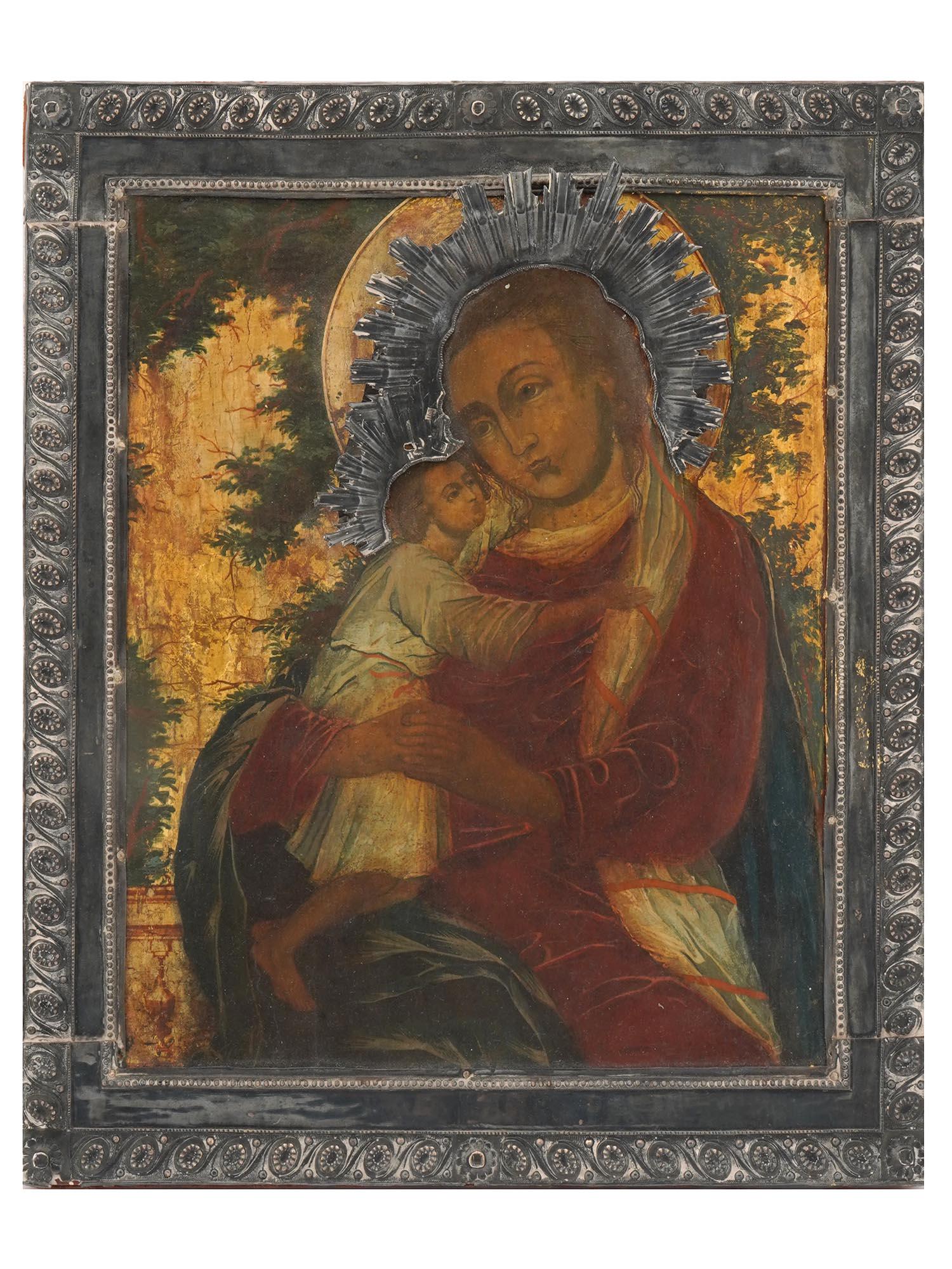 ANTIQUE 19 C. RUSSIAN ICON MOTHER OF GOD W SILVER (1 of 8)