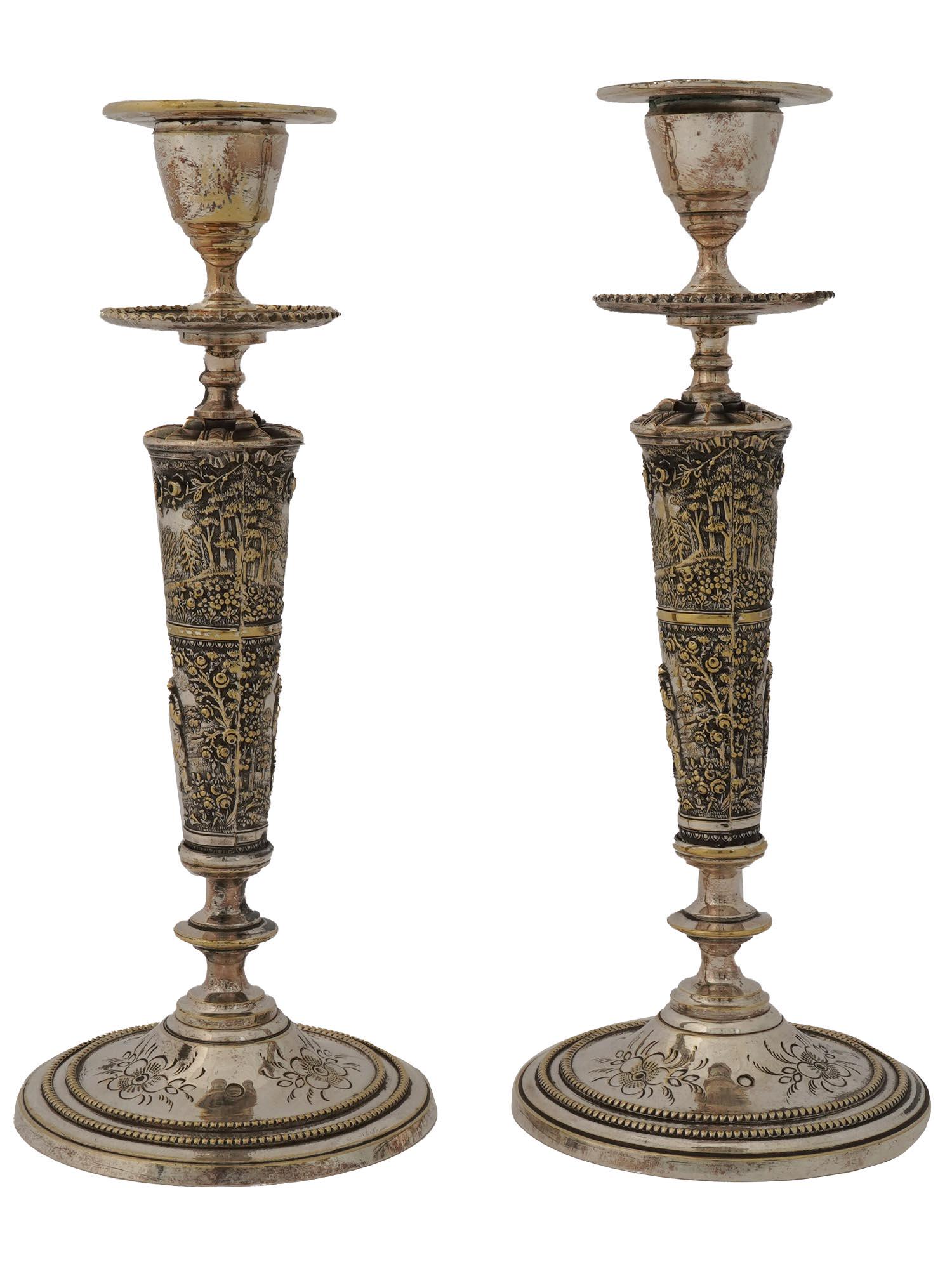 PAIR OF RUSSIAN ENGRAVED SILVER CANDLE STICKS (1 of 3)