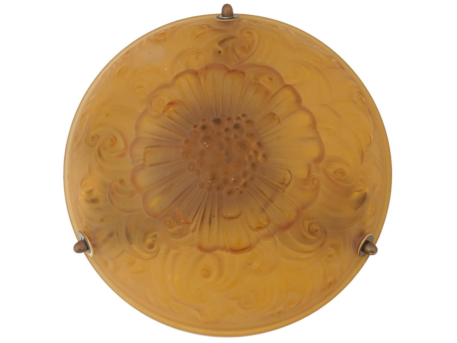 ANTIQUE FRENCH ART DECO FROSTED GLASS CHANDELIER: An antique French Art Deco frosted and molded amber tone glass chandelier. The shade is adorned with floral and scrollwork designs. Circa: early 20th century. Marked, Depose. Antique and Vintage Art D
