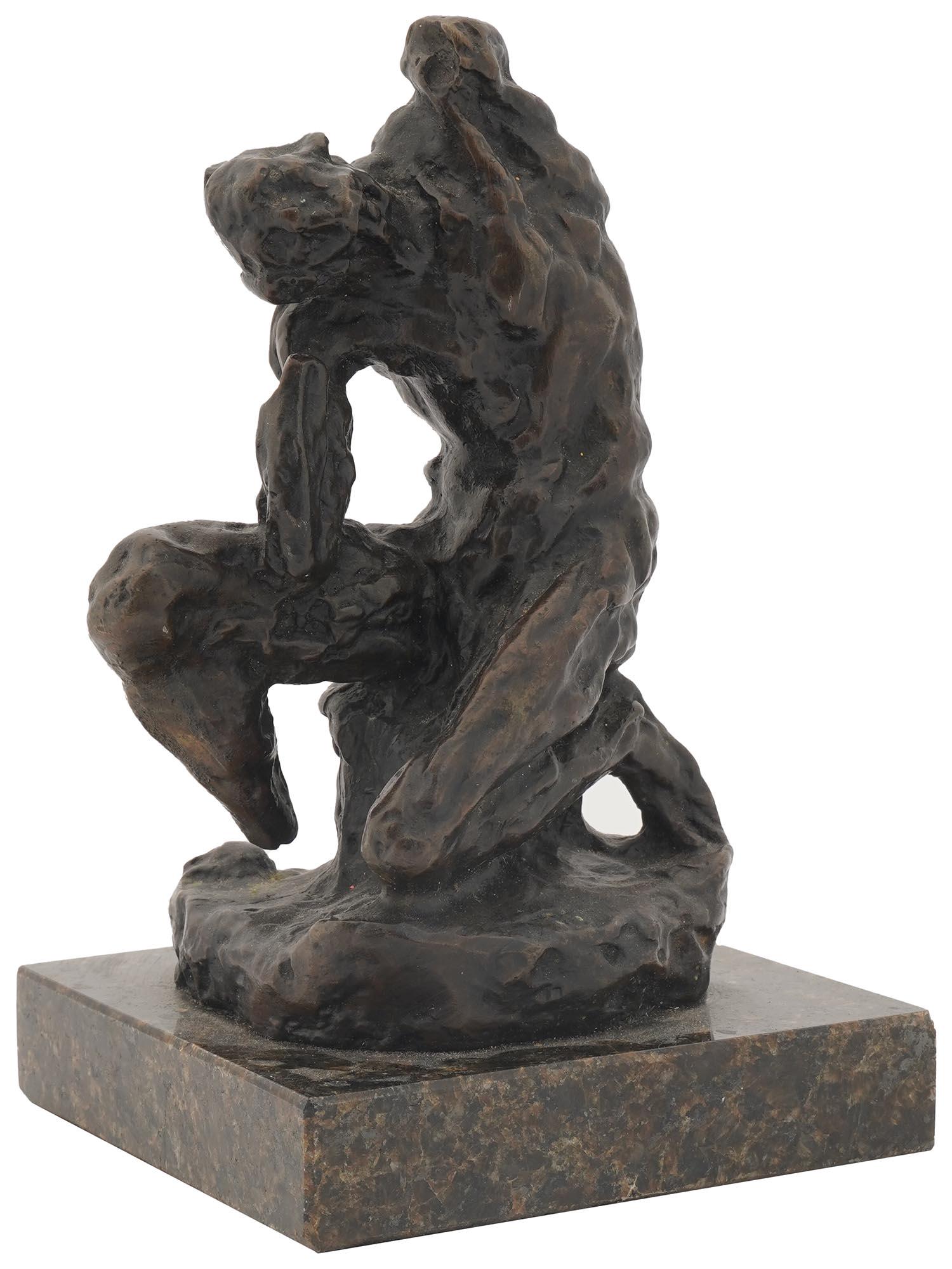 FRENCH MALE BRONZE SCULPTURE AFTER HENRI MATISSE: A French bronze sculpture depicting an abstract male muscular nude figure, after Henri Matisse, French, 1869 to 1954. Inscribed with engraving, Matisse, on the base. Mounted on a rectangular shaped gr