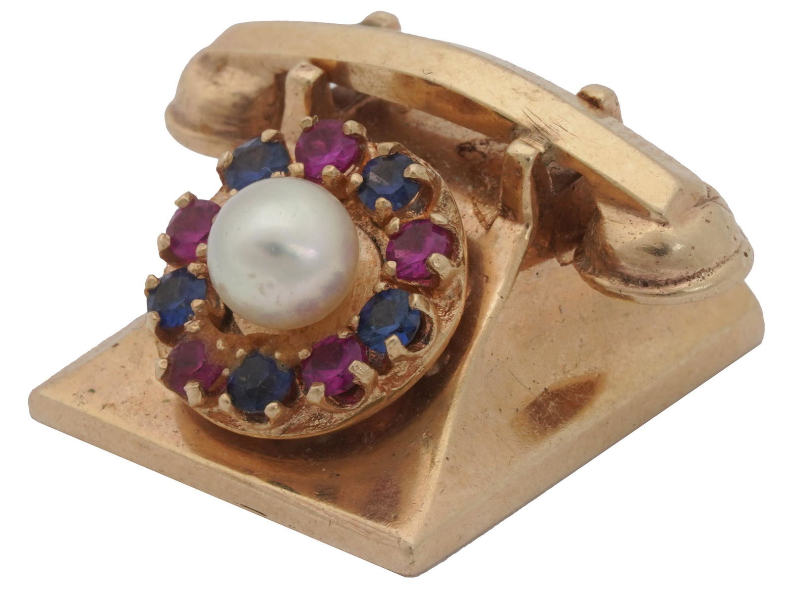 14K GOLD TELEPHONE PENDANT WITH STONES AND PEARL (1 of 3)