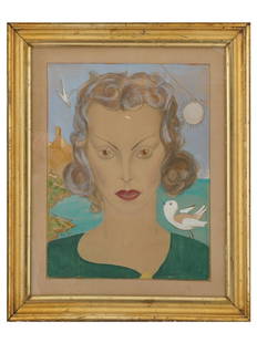 RUSSIAN WATERCOLOR PAINTING BY MARIE VASSILIEFF: Marie Vassilieff, Russian, French, 1884 to 1957, watercolor painting on paper depicting a portrait of a woman, 1930. Signed, inscribed, Paris, and dated lower left. Framed. Additionally inscribed on t