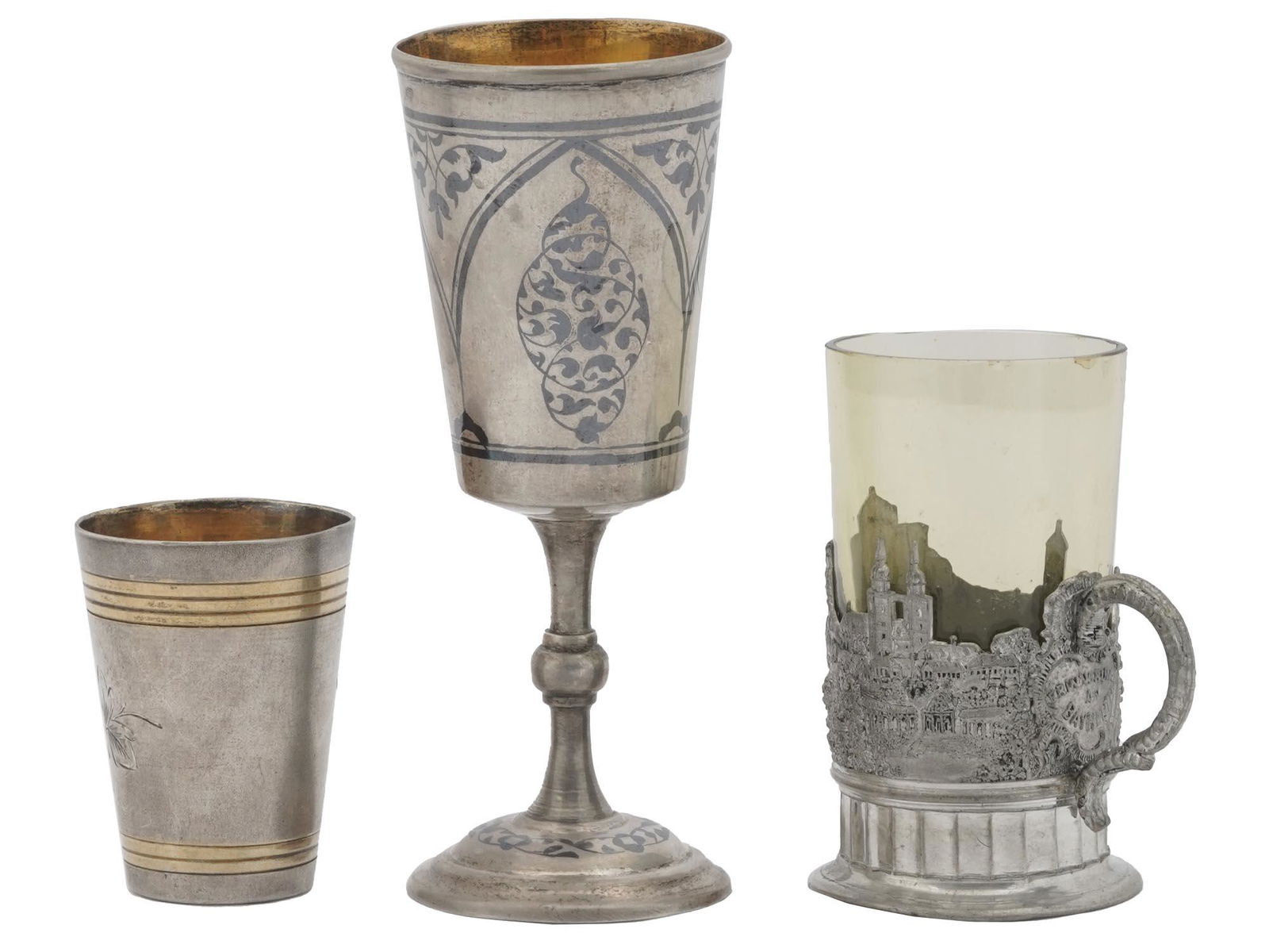SILVER AND MELCHIOR ALLOY CUPS AND A TEA HOLDER (1 of 5)