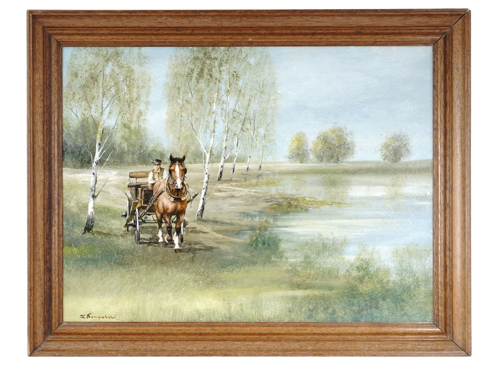 POLISH VILLAGE OIL PAINTING BY ZDZISLAW SAMPOLSKI: Zdzislaw Sampolski, a 20th century Polish artist, oil painting on board depicting a rural scene with a man and a horse in a landscape. Signed lower left. Framed. Zdzislaw Sampolski is a 20th century P