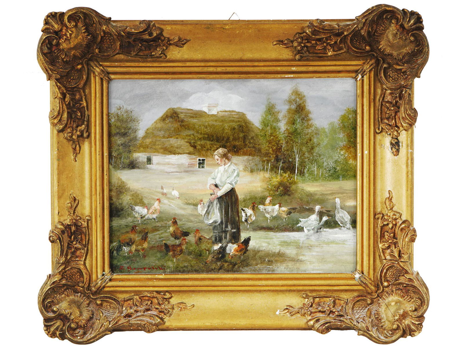 POLISH VILLAGE OIL PAINTING BY ZDZISLAW SAMPOLSKI: Zdzislaw Sampolski, a 20th century Polish artist, oil painting on board depicting a rural scene with a woman and a hens in a landscape. Signed lower left. Framed. Zdzislaw Sampolski is a 20th century