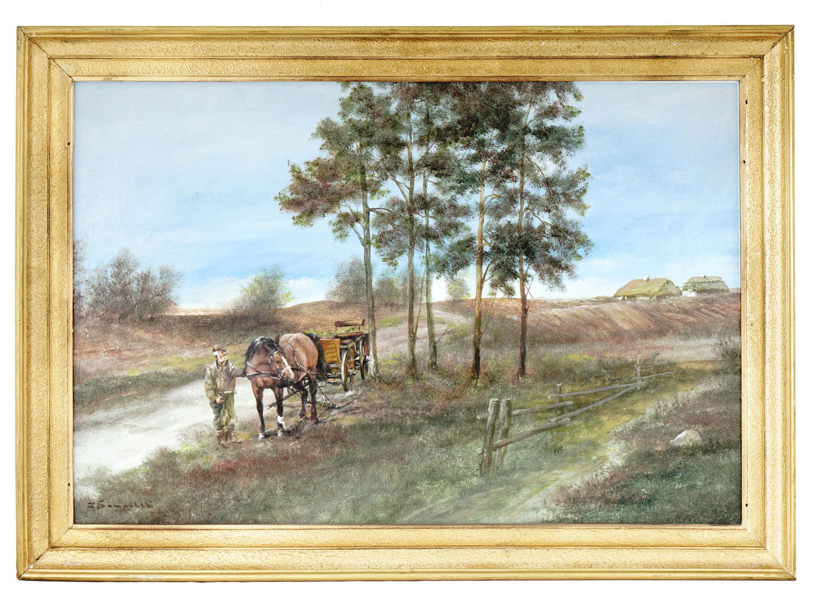 POLISH VILLAGE OIL PAINTING BY ZDZISLAW SAMPOLSKI: Zdzislaw Sampolski, a 20th century Polish artist, oil painting on board depicting a rural scene with a man and a horse in a landscape. Signed lower left. Framed. Stamped on the backside. Zdzislaw Samp