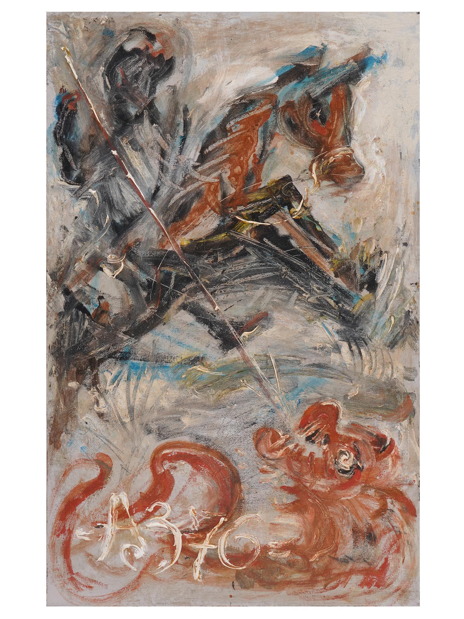 RUSSIAN MIXED MEDIA PAINTING BY ANATOLY ZVEREV: Anatoly Timofeivich Zverev, Russian, Soviet, 1931 to 1986, mixed media painting on canvas, Saint George and the Dragon, 1976. Signed with initials and dated lower left. Anatoly Zverev, a Nonconformist