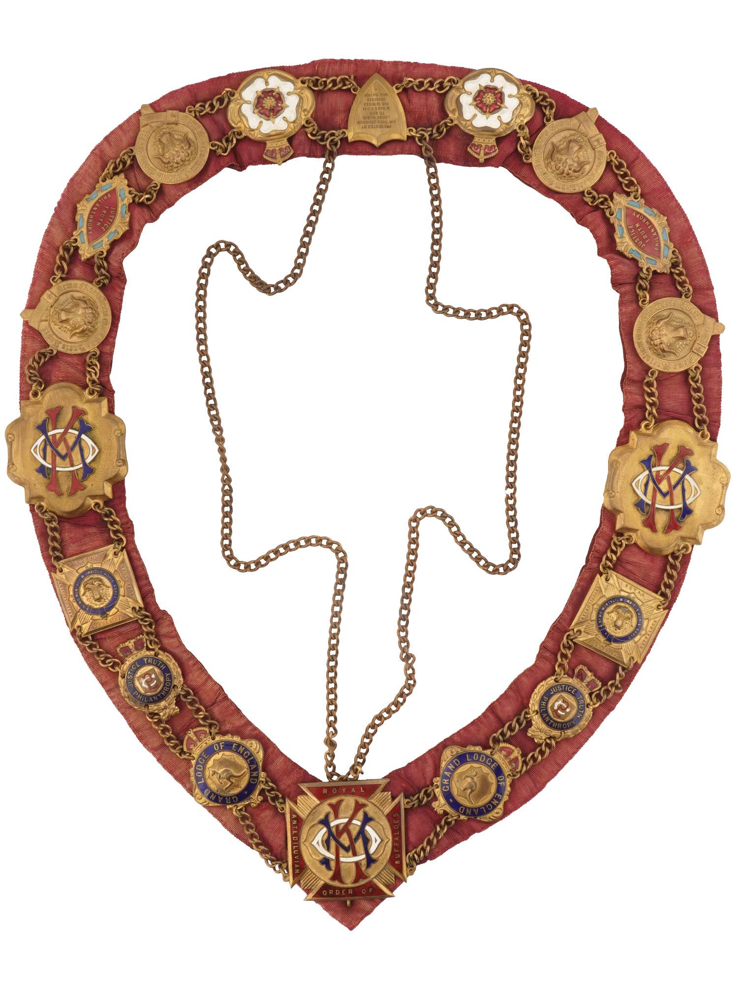 MASSONS RAOB CHAIN COLLAR BY FATTORINI AND SONS: An antique early 20th-century chain collar of the Royal Antediluvian Order of Buffaloes, or RAOB, is one of the largest fraternal movements in the United Kingdom established in 1822. The red fabric is
