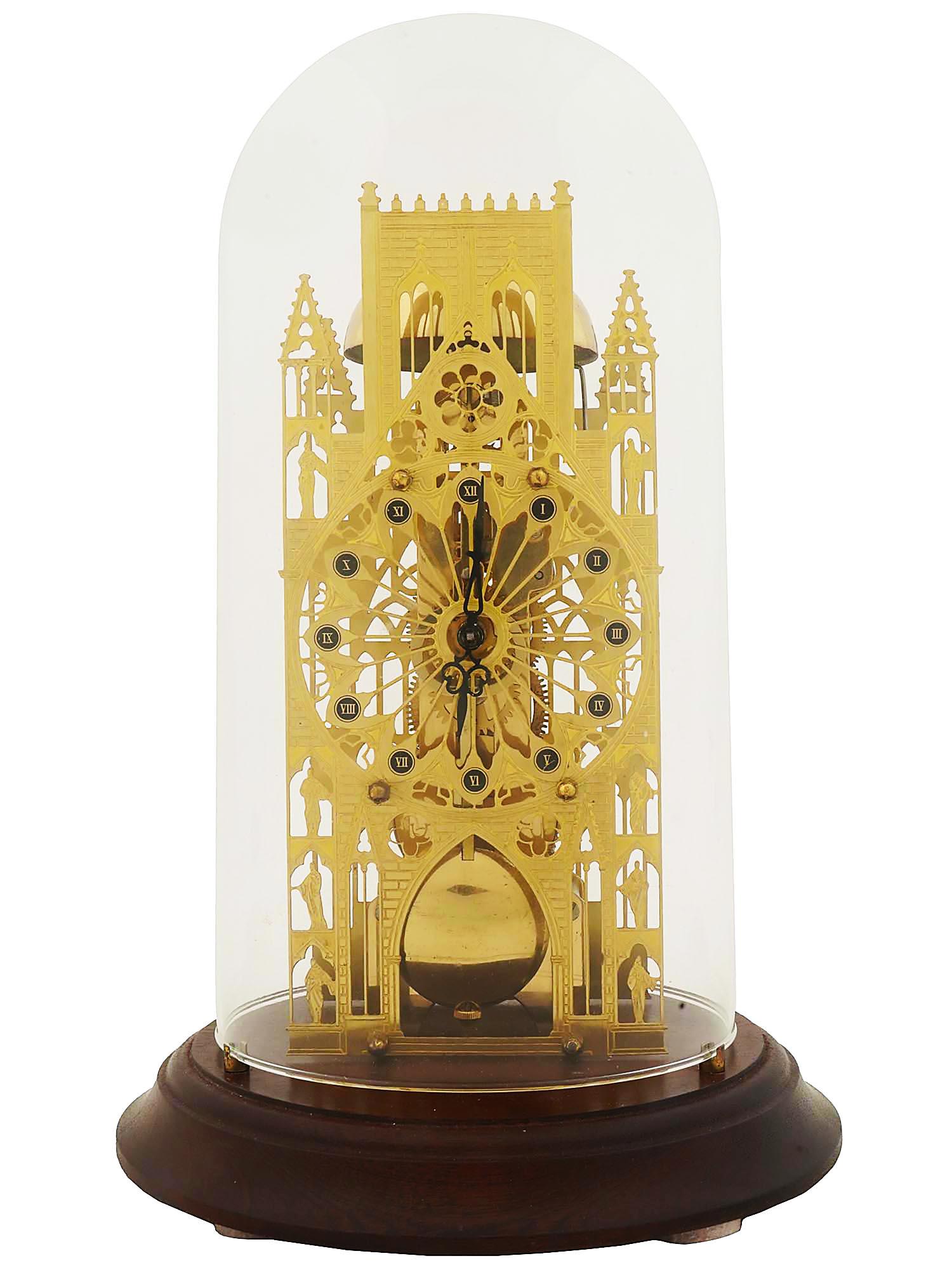 GOTHIC BRASS MANTEL CLOCK BY HERMLE IN GLASS DOME (1 of 9)