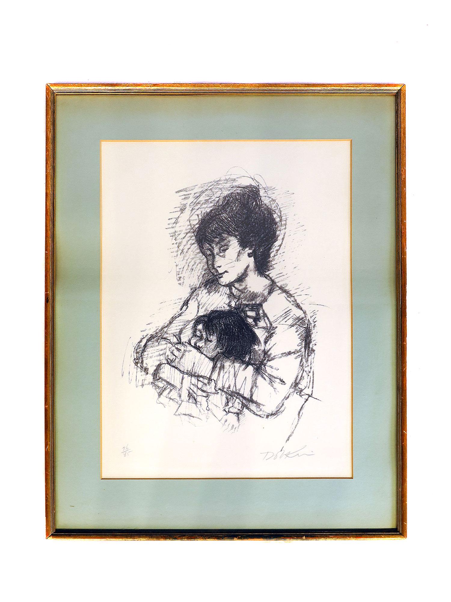 A SIGNED PRINT DEPICTING MOTHER WITH CHILD (1 of 2)