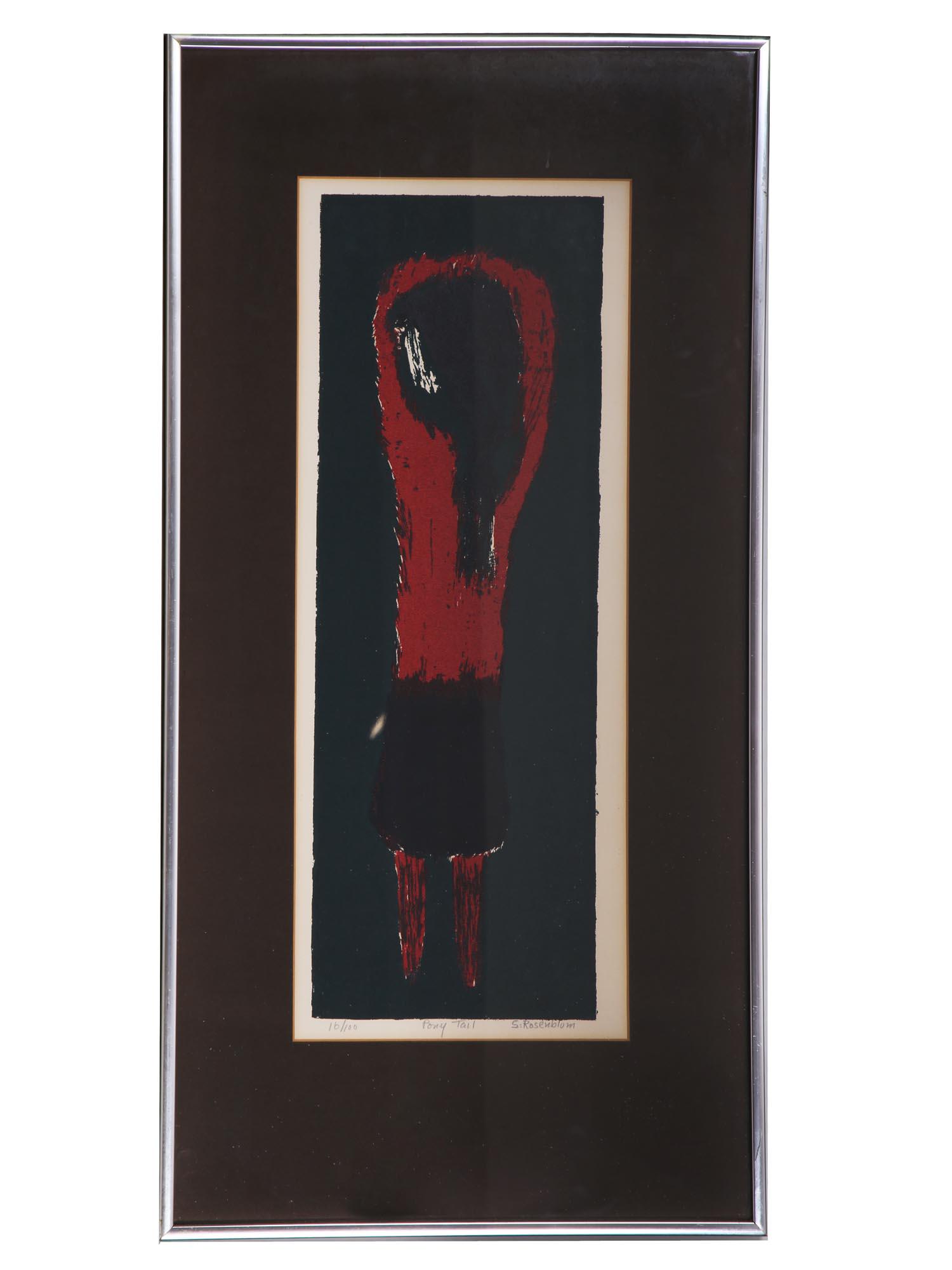 A RUSSIAN WOODCUT PRINT BY SADIE ROSENBLUM: Sadie Skoletsky Rosenblum (Russian, American, 1899-1987) woodcut print on paper, Pony Tail. Signed in pencil lower right. Titled in pencil lower to the center. Numbered 16 of 100 in pencil lower left.