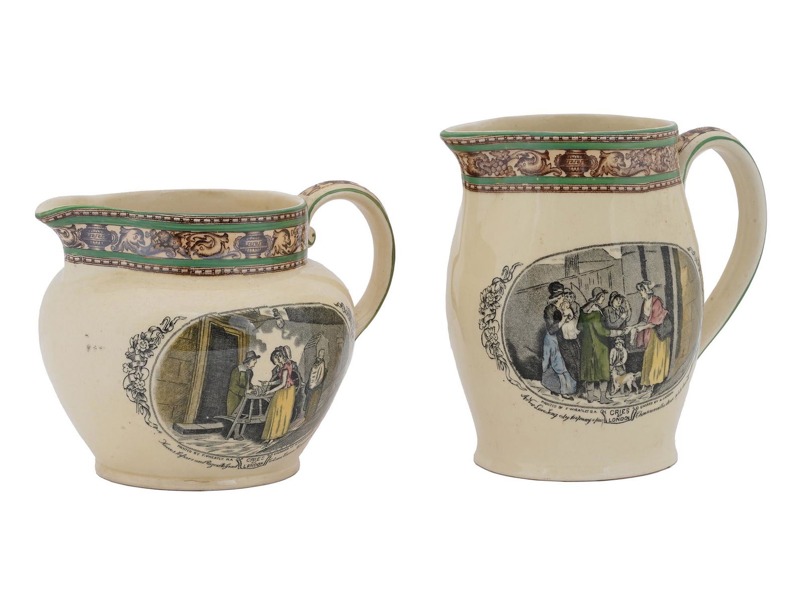 ENGLISH ADAMS TUNSTALL STONE WARE PITCHER JUG SET: An antique English William Adams and Sons Tunstall stone ware set of a jug and a pitcher. The wares are adorned with scenes from Cries of London and were originally painted by Francis Wheatley and eng