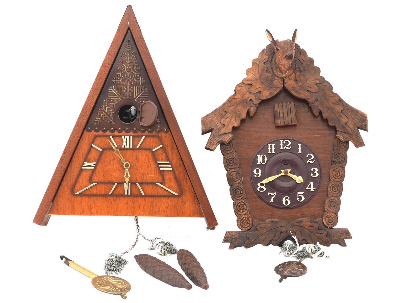 TWO RUSSIAN HAND CARVED CUCKOO WOODEN WALL CLOCK (1 of 8)