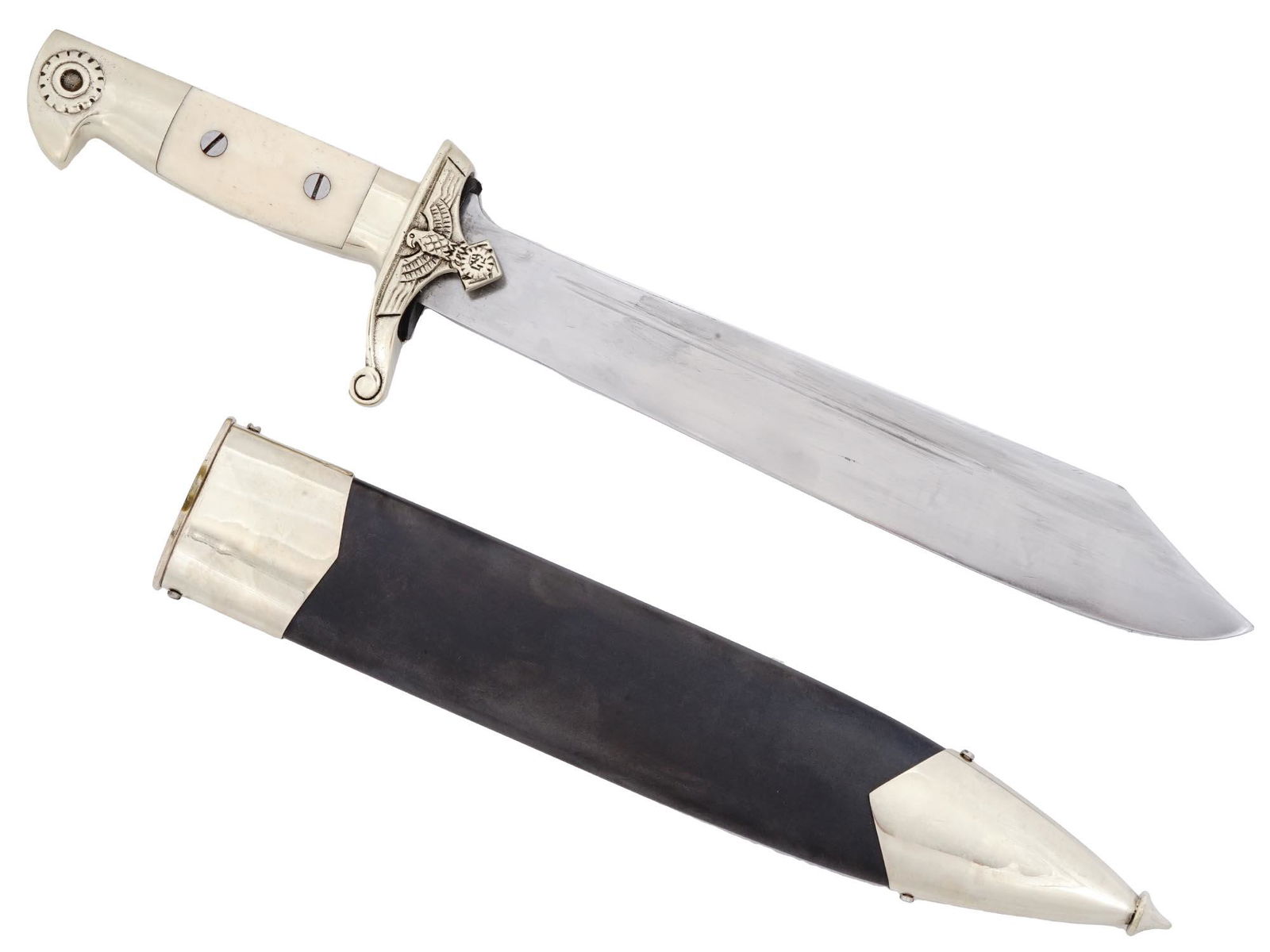 WWII GERMAN NAZI TENO ENLISTED MANS HEWER DAGGER: A German Nazi Teno Enlisted hewer dagger with a steel one fuller blade marked with the Teno eagle and swastika and Carl Eickhorn trademark. The silver nickel cross guard features the Nazi eagle, the g