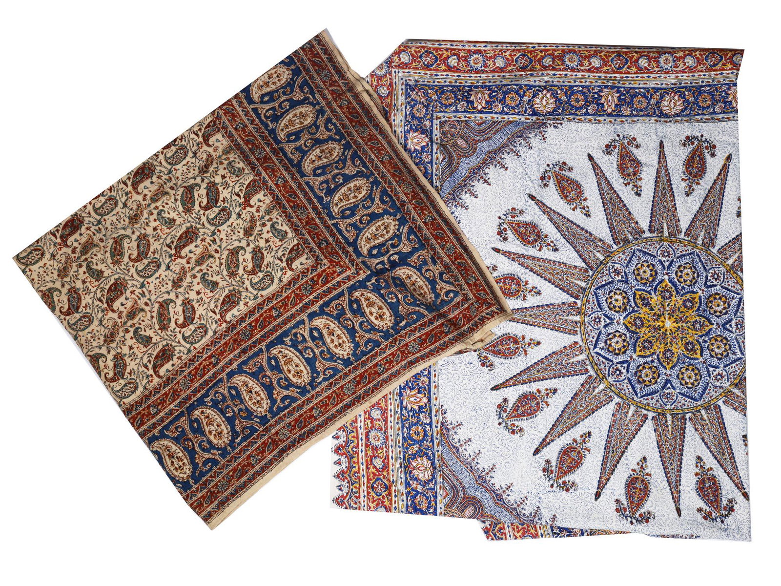 PAIR OF PRE ISLAMIC REVOLUTION IRANIAN TEXTILES: A pair of Pre Islamic Revolution Persian Iranian textiles from Isfahan. Made of 100 percent cotton. The textiles are adorned with traditional geometrical and paisley ornaments. Marked with stamps, mad